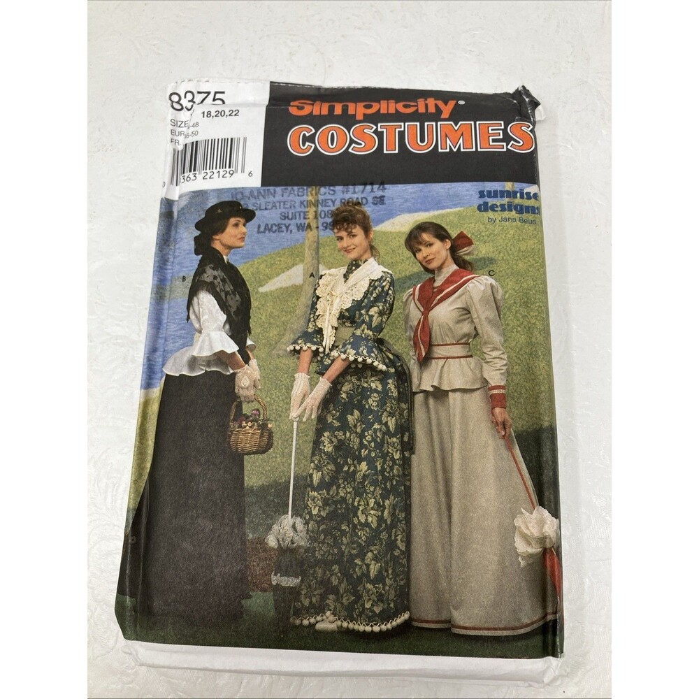 Simplicity 8375 Costume Pattern Edwardian Top Skirt Bustle Sz 18, 20, 23 Uncut